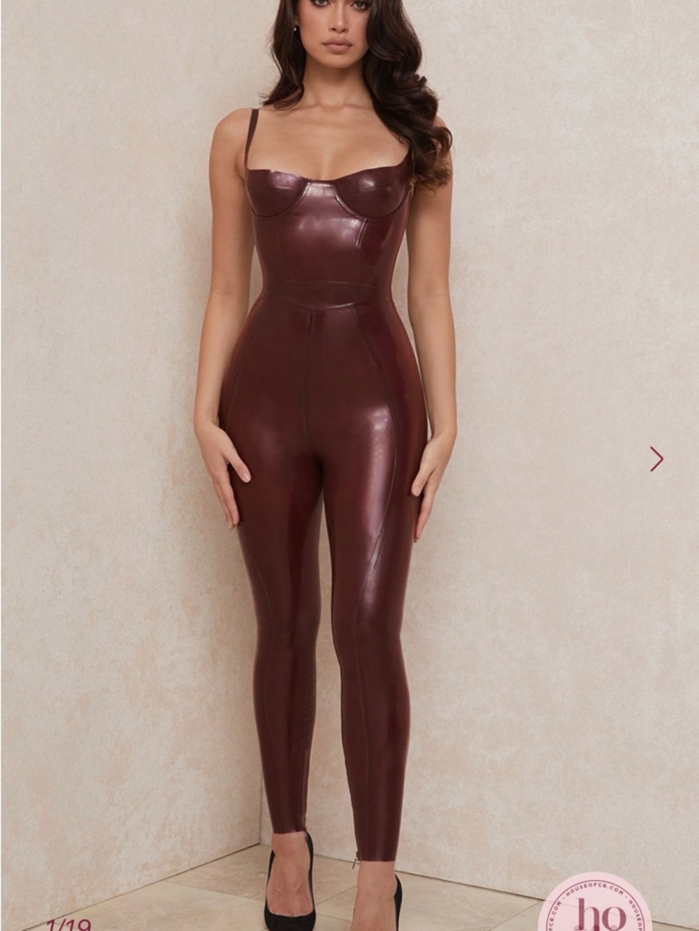 House of CB Burgundy Faux-Leather Sculpted Jumpsuit